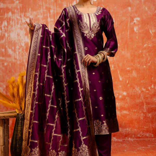 Vellora Cotton Silk Blend Wine Party Wear Zari Work Readymade Salwar Suit - Distacart