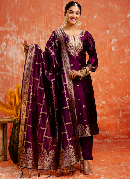 Vellora Cotton Silk Blend Wine Party Wear Zari Work Readymade Salwar Suit