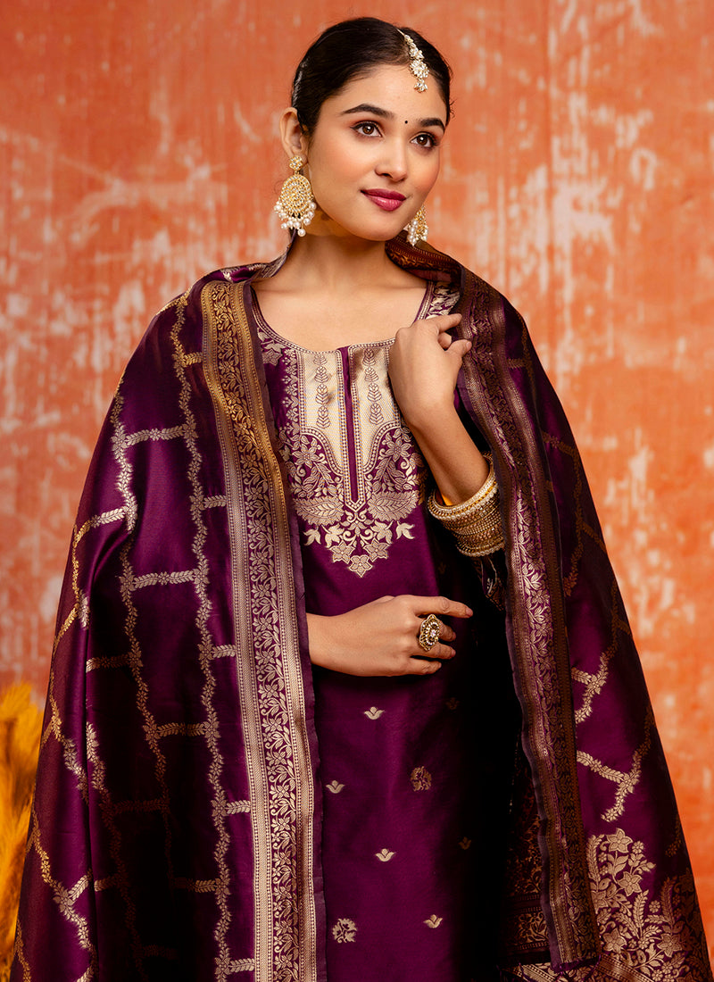 Vellora Cotton Silk Blend Wine Party Wear Zari Work Readymade Salwar Suit