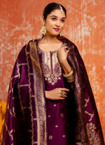 Thumbnail for Vellora Cotton Silk Blend Wine Party Wear Zari Work Readymade Salwar Suit