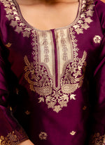 Thumbnail for Vellora Cotton Silk Blend Wine Party Wear Zari Work Readymade Salwar Suit