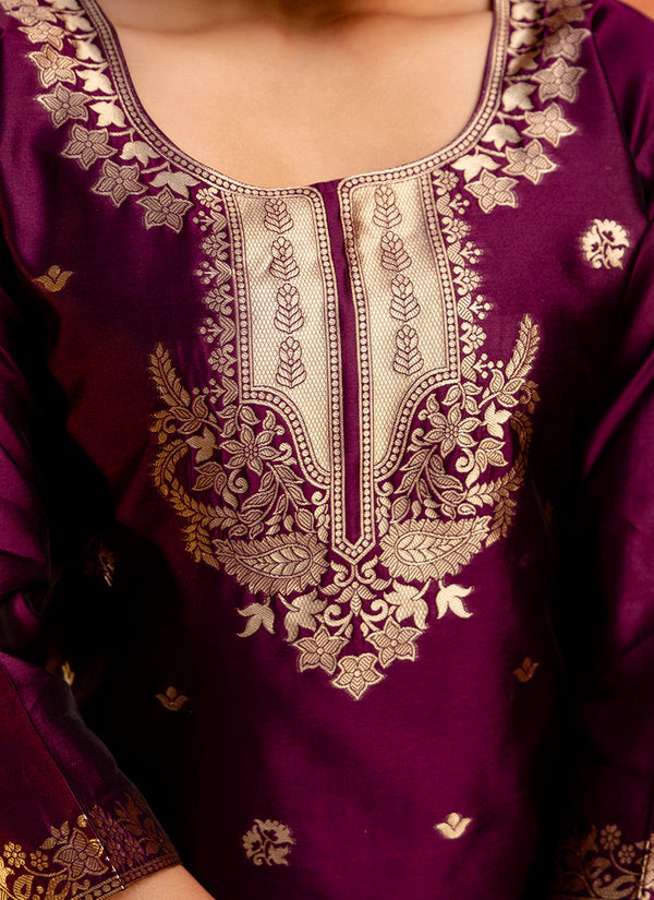 Vellora Cotton Silk Blend Wine Party Wear Zari Work Readymade Salwar Suit