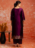 Thumbnail for Vellora Cotton Silk Blend Wine Party Wear Zari Work Readymade Salwar Suit