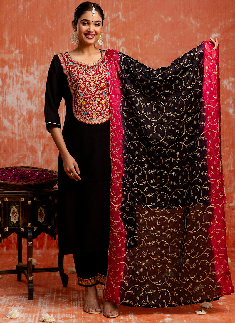 Vellora Viscose Black Party Wear Embroidery Work Readymade Salwar Suit