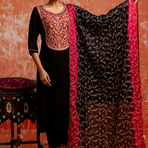 Vellora Viscose Black Party Wear Embroidery Work Readymade Salwar Suit