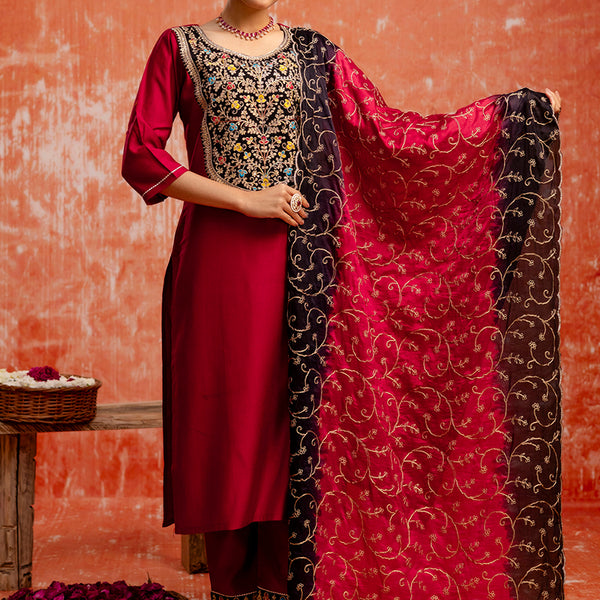 Vellora Viscose Red Party Wear Embroidery Work Readymade Salwar Suit