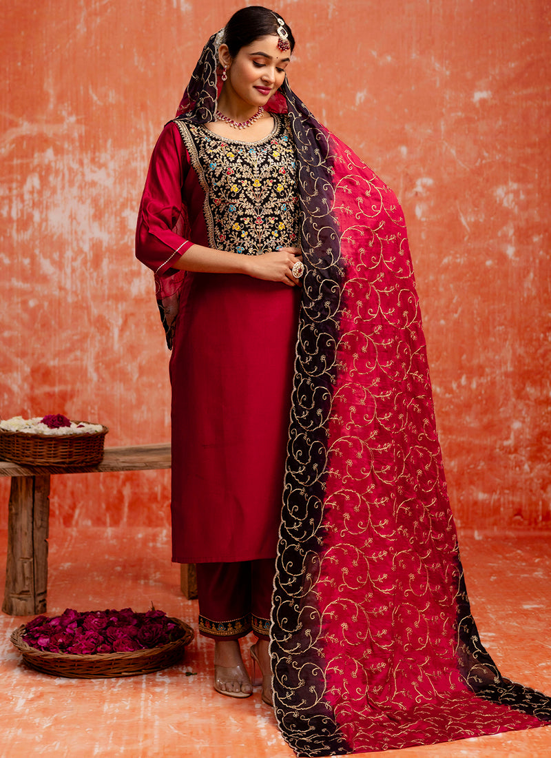 Vellora Viscose Red Party Wear Embroidery Work Readymade Salwar Suit