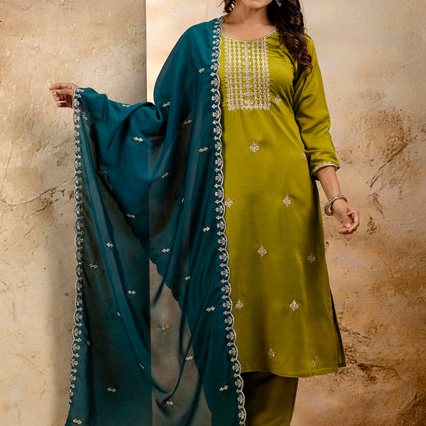 Vellora Silk Blend Mehendi Party Wear Embroidery Work Readymade Salwar Suit - Distacart