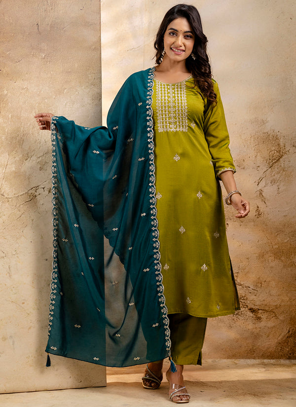 Vellora Silk Blend Mehendi Party Wear Embroidery Work Readymade Salwar Suit