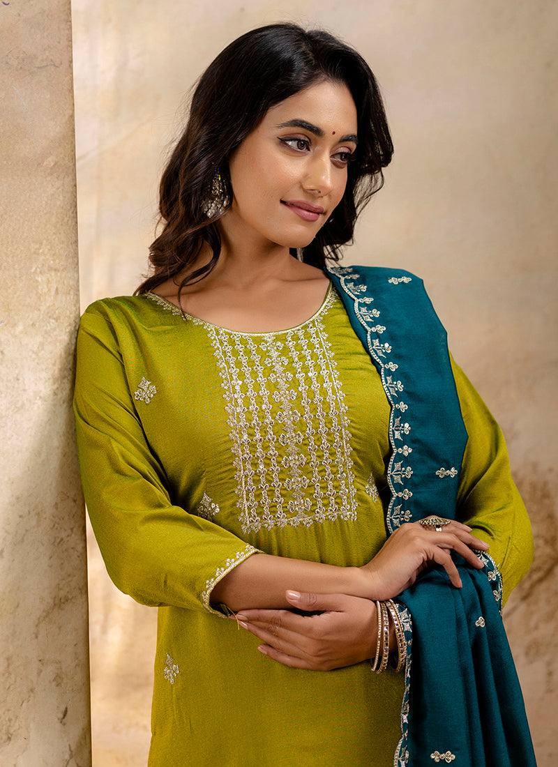 Vellora Silk Blend Mehendi Party Wear Embroidery Work Readymade Salwar Suit