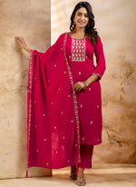 Thumbnail for Vellora Silk Blend Pink Party Wear Embroidery Work Readymade Salwar Suit