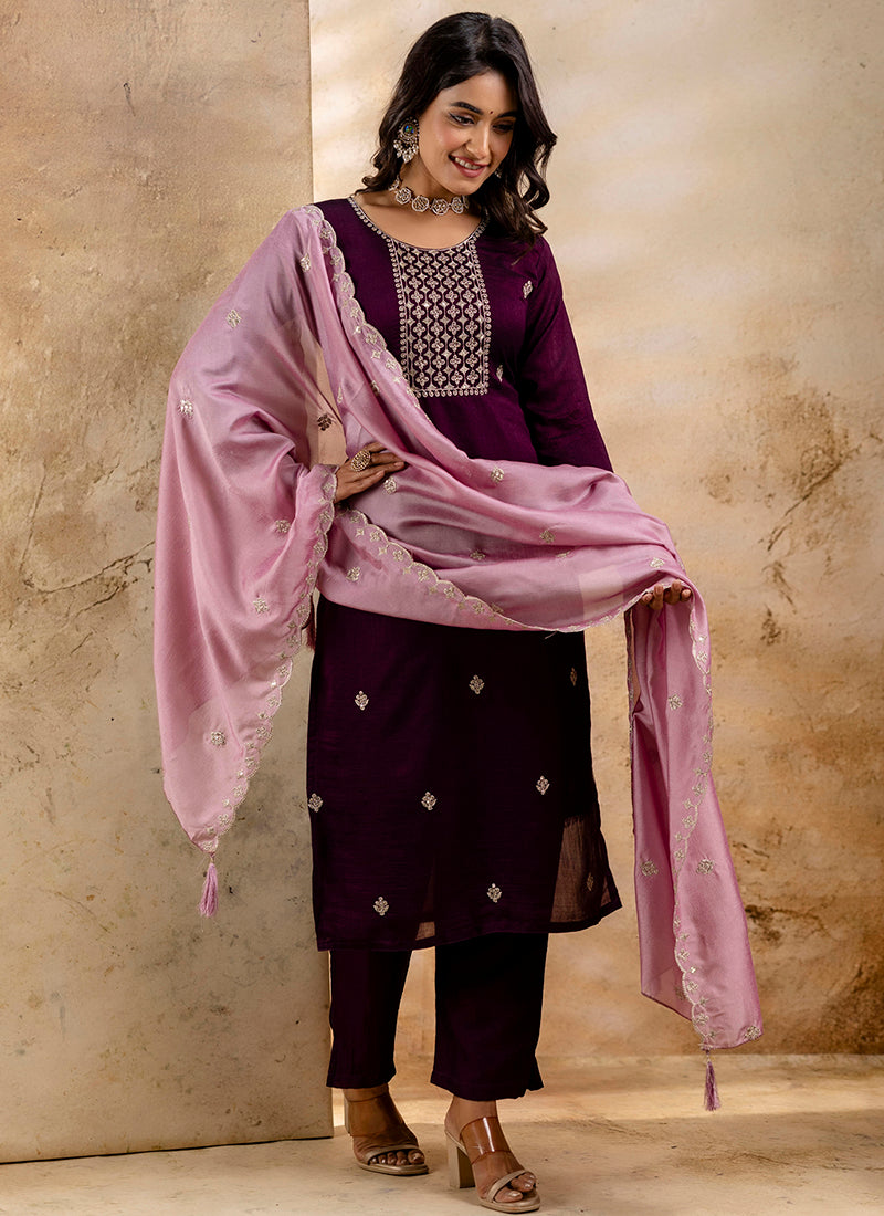 Vellora Silk Blend Wine Party Wear Embroidery Work Readymade Salwar Suit