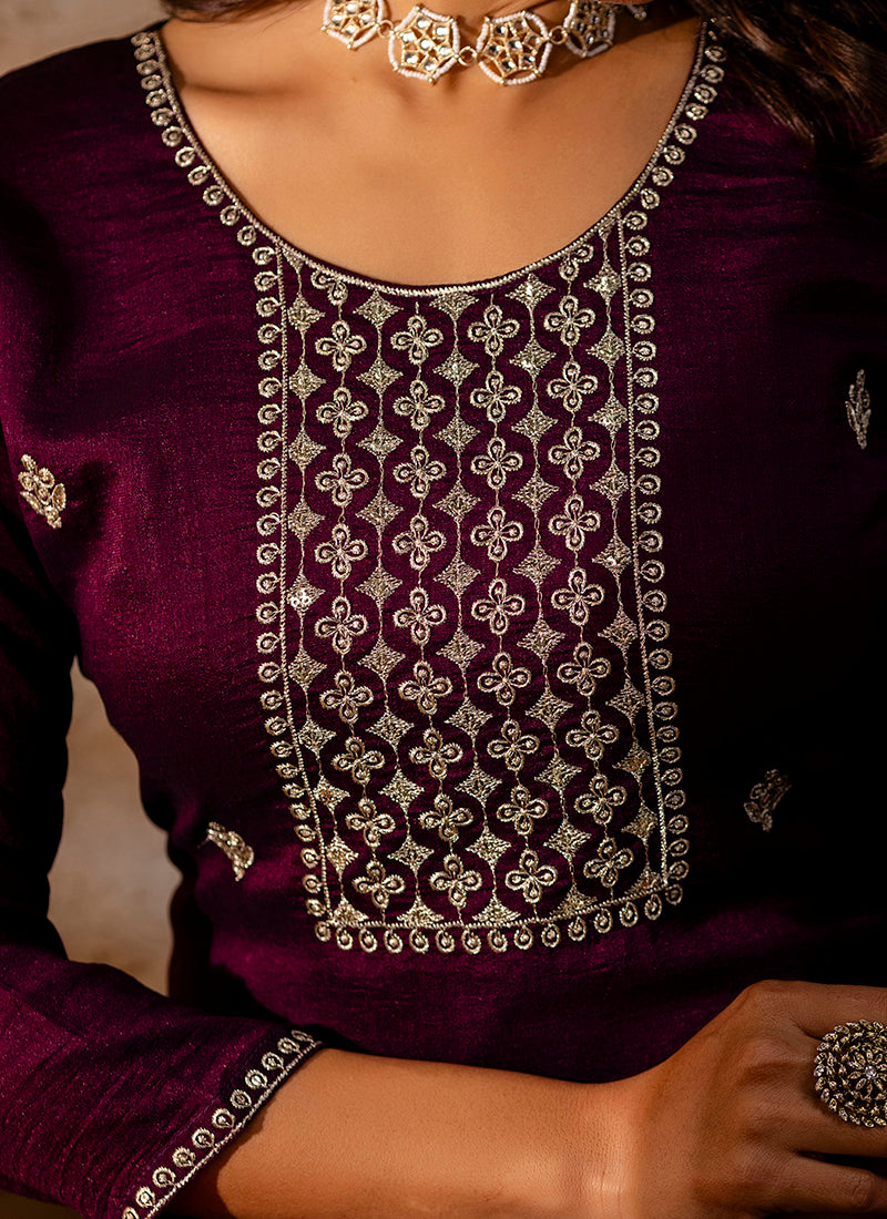 Vellora Silk Blend Wine Party Wear Embroidery Work Readymade Salwar Suit