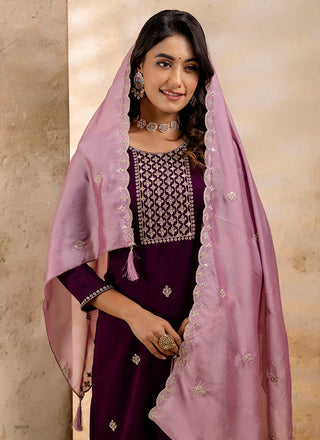 Vellora Silk Blend Wine Party Wear Embroidery Work Readymade Salwar Suit