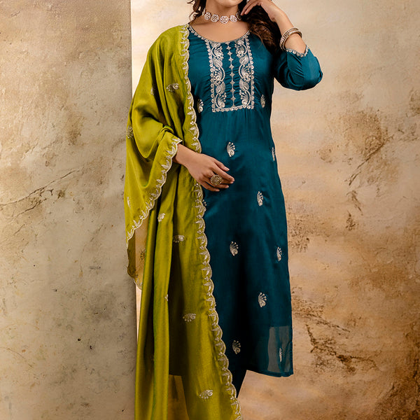 Vellora Silk Blend Teal Party Wear Embroidery Work Readymade Salwar Suit - Distacart