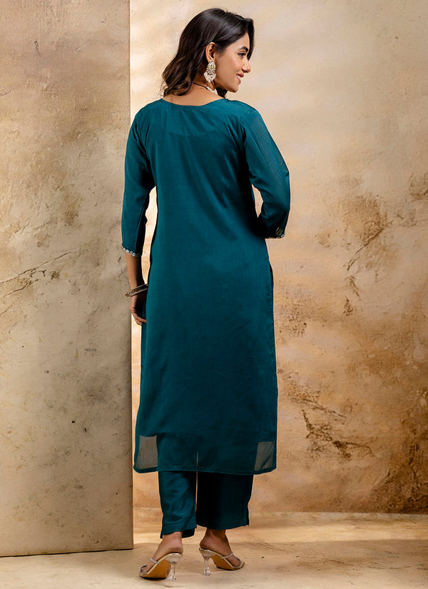 Vellora Silk Blend Teal Party Wear Embroidery Work Readymade Salwar Suit