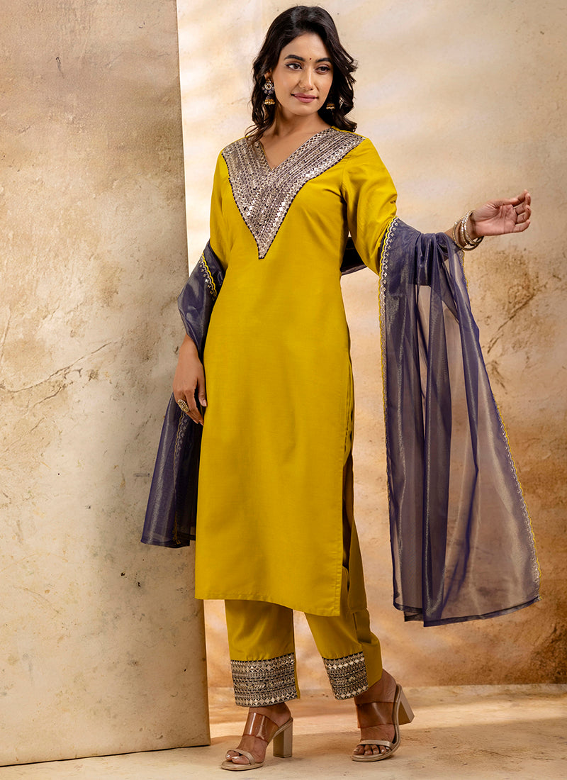 Vellora Viscose Rayon Mustard Casual Wear Embroidery Work Readymade Salwar Suit