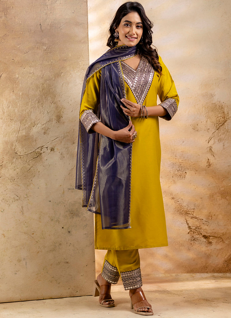 Vellora Viscose Rayon Mustard Casual Wear Embroidery Work Readymade Salwar Suit
