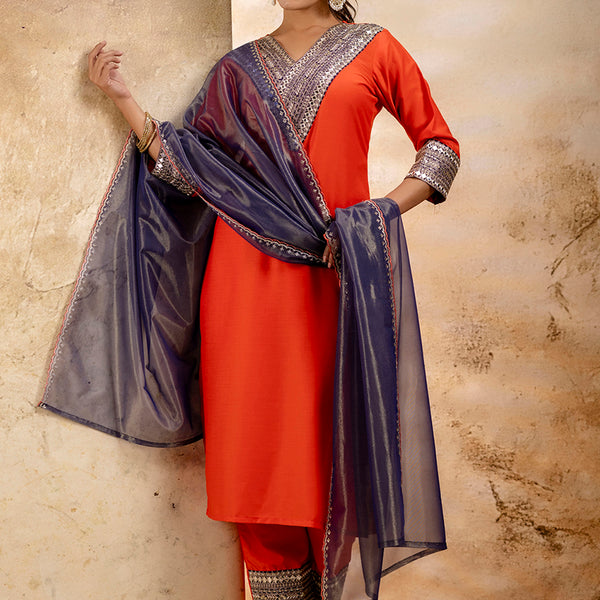 Vellora Viscose Rayon Orange Casual Wear Embroidery Work Readymade Salwar Suit - Distacart
