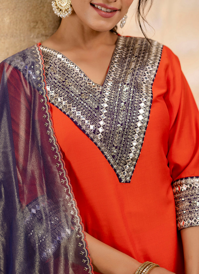 Vellora Viscose Rayon Orange Casual Wear Embroidery Work Readymade Salwar Suit