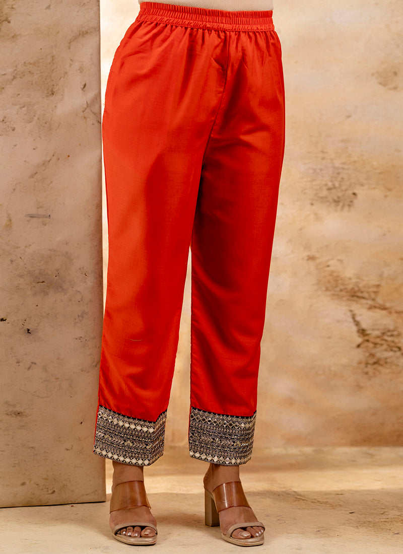 Vellora Viscose Rayon Orange Casual Wear Embroidery Work Readymade Salwar Suit