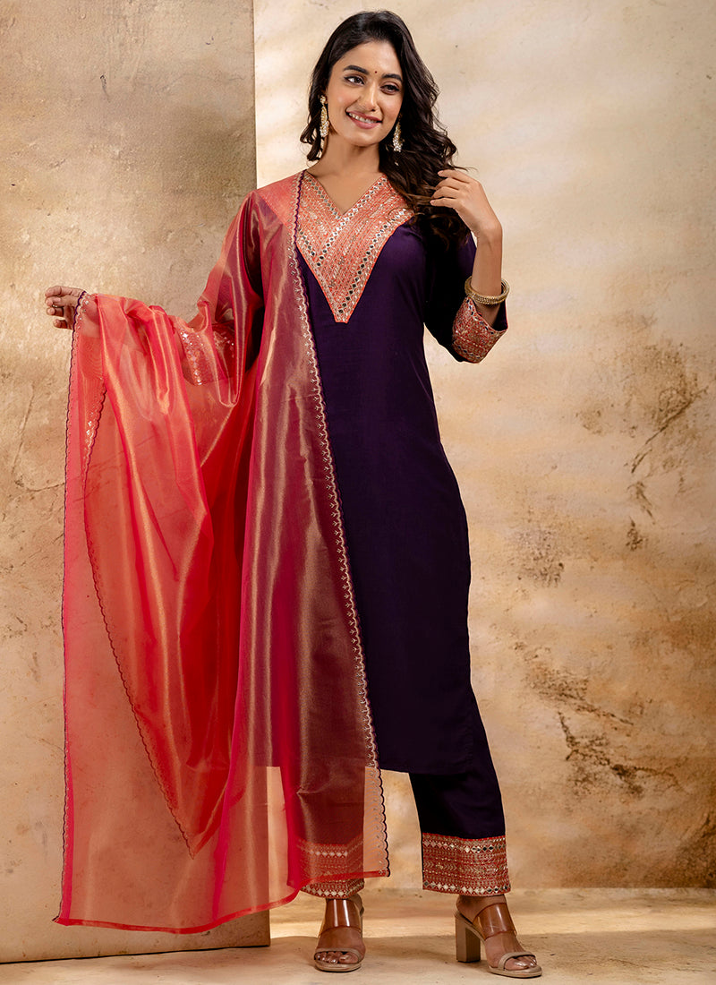 Vellora Viscose Rayon Violet Casual Wear Embroidery Work Readymade Salwar Suit