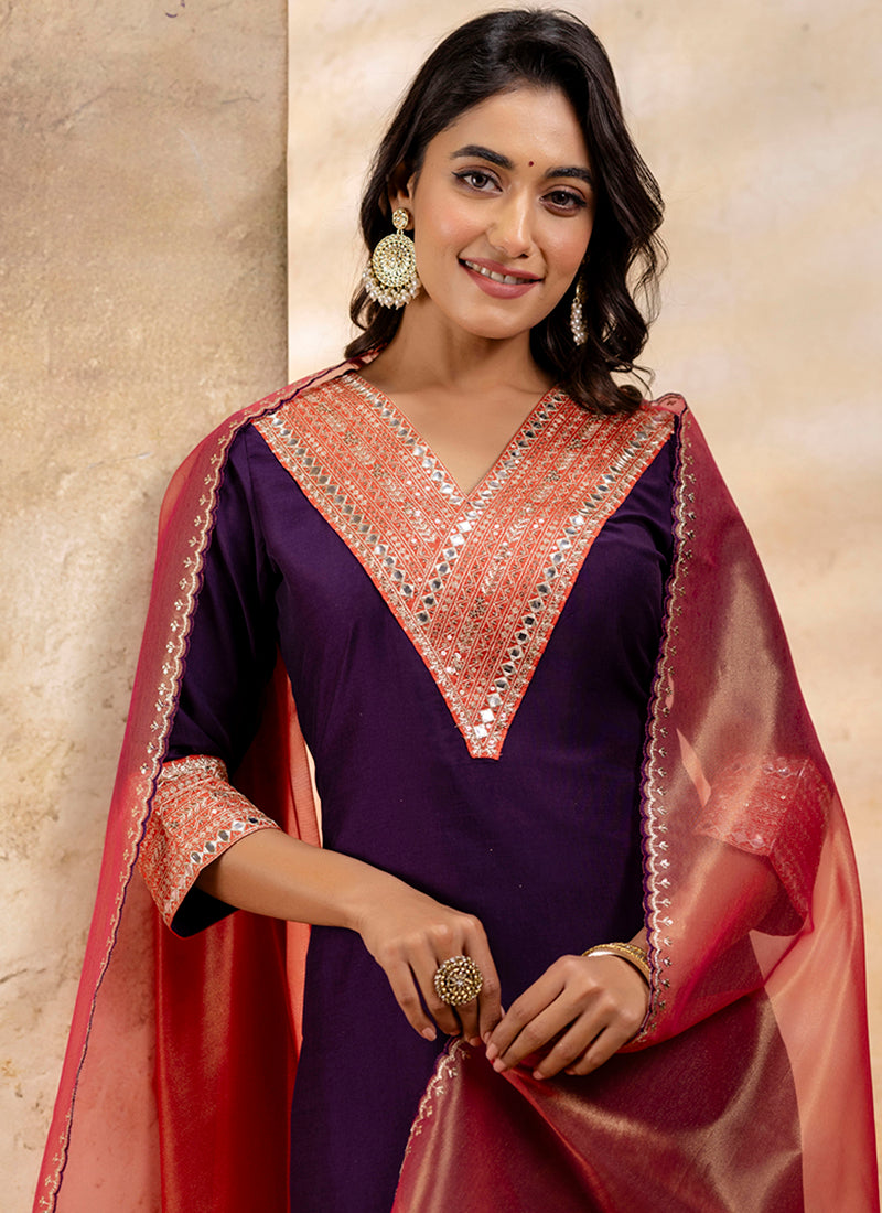 Vellora Viscose Rayon Violet Casual Wear Embroidery Work Readymade Salwar Suit