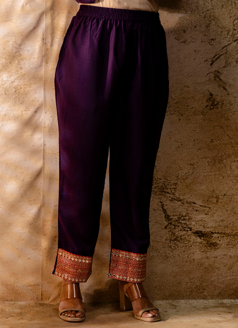 Vellora Viscose Rayon Violet Casual Wear Embroidery Work Readymade Salwar Suit