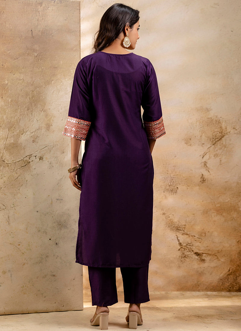 Vellora Viscose Rayon Violet Casual Wear Embroidery Work Readymade Salwar Suit