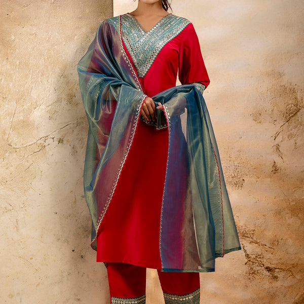 Vellora Viscose Rayon Red Casual Wear Embroidery Work Readymade Salwar Suit - Distacart