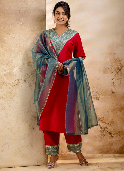 Vellora Viscose Rayon Red Casual Wear Embroidery Work Readymade Salwar Suit