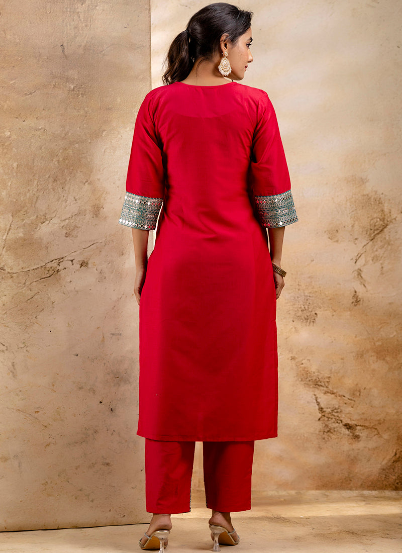 Vellora Viscose Rayon Red Casual Wear Embroidery Work Readymade Salwar Suit