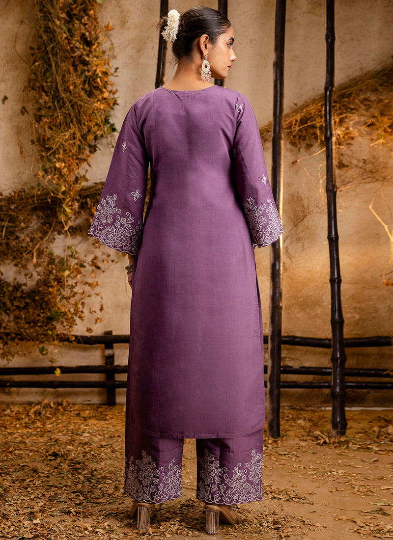 Vellora Silk Blend Lavender Casual Wear Embroidery Work Readymade Salwar Suit