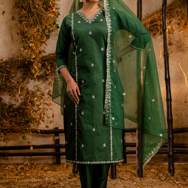 Vellora Silk Blend Dark Green Casual Wear Embroidery Work Readymade Salwar Suit - Distacart