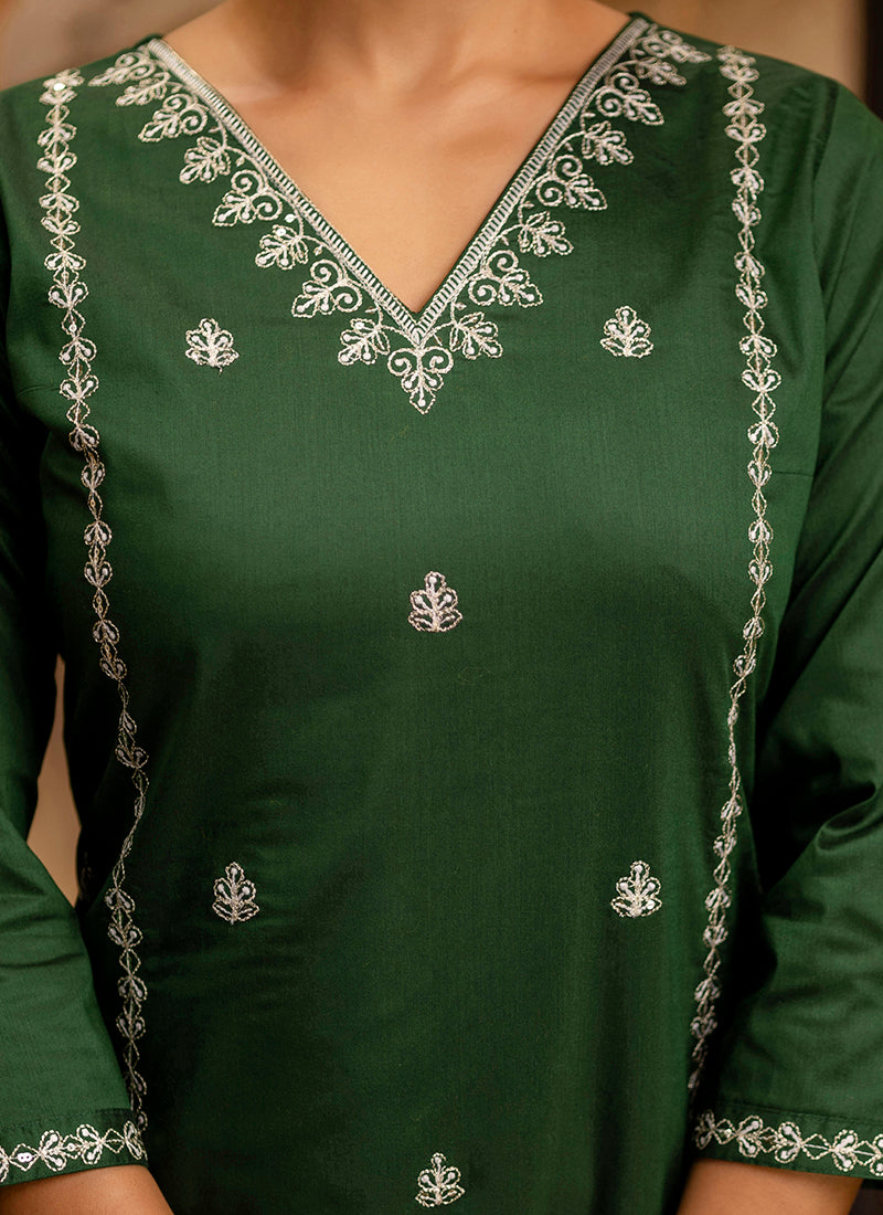 Vellora Silk Blend Dark Green Casual Wear Embroidery Work Readymade Salwar Suit