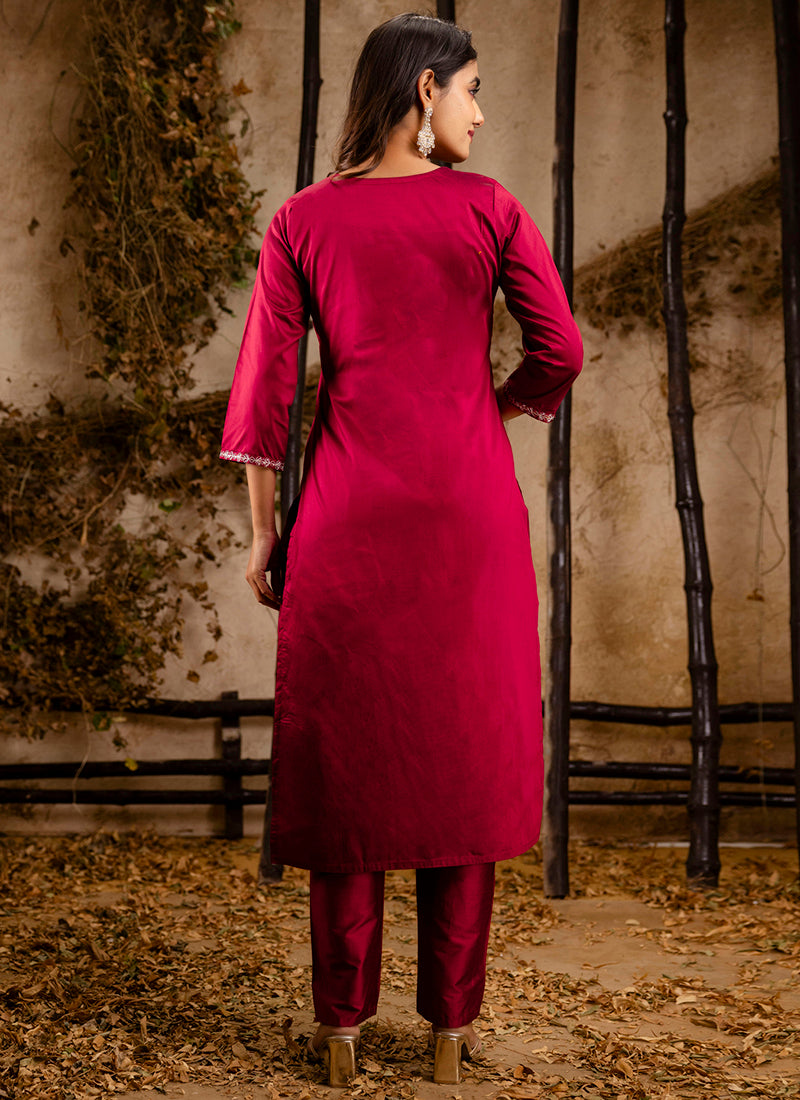 Vellora Silk Blend Pink Casual Wear Embroidery Work Readymade Salwar Suit