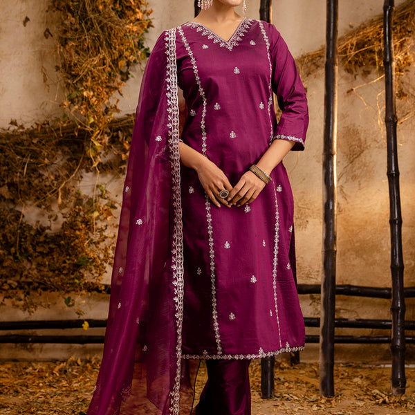 Vellora Silk Blend Wine Casual Wear Embroidery Work Readymade Salwar Suit - Distacart