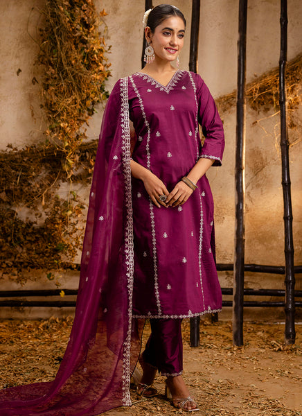 Vellora Silk Blend Wine Casual Wear Embroidery Work Readymade Salwar Suit