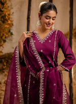 Thumbnail for Vellora Silk Blend Wine Casual Wear Embroidery Work Readymade Salwar Suit