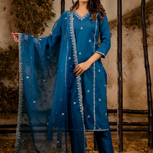 Vellora Silk Blend Navy Blue Casual Wear Embroidery Work Readymade Salwar Suit - Distacart