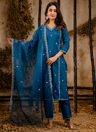 Vellora Silk Blend Navy Blue Casual Wear Embroidery Work Readymade Salwar Suit
