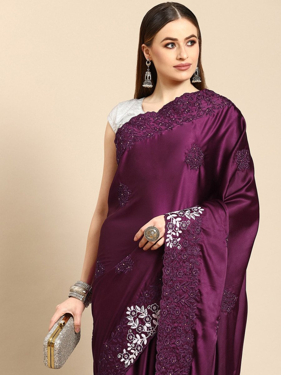 Anouk Burgundy & White Floral Embroidered Satin Saree - Distacart