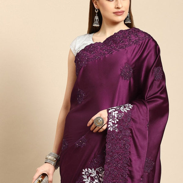 Anouk Burgundy & White Floral Embroidered Satin Saree - Distacart