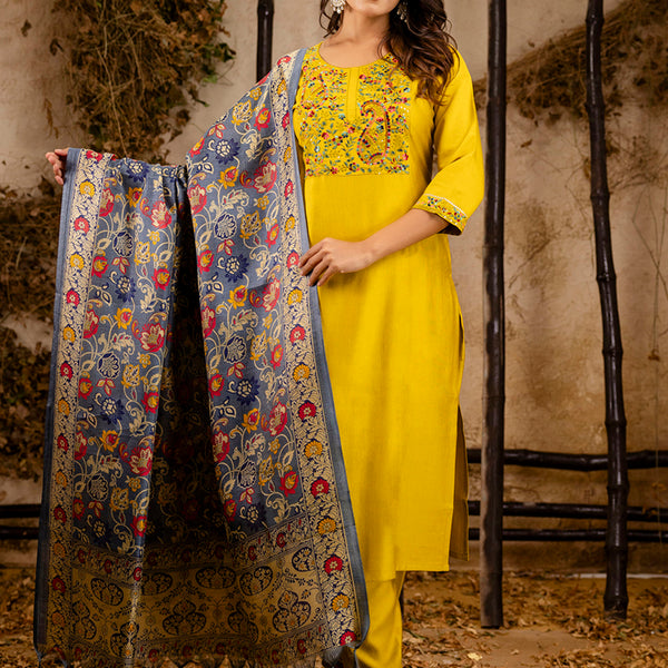 Vellora Viscose Rayon Mustard Party Wear Embroidery Work Readymade Salwar Suit