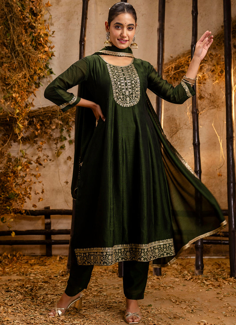 Vellora Silk Blend Mehendi Party Wear Embroidery Work Readymade Salwar Suit