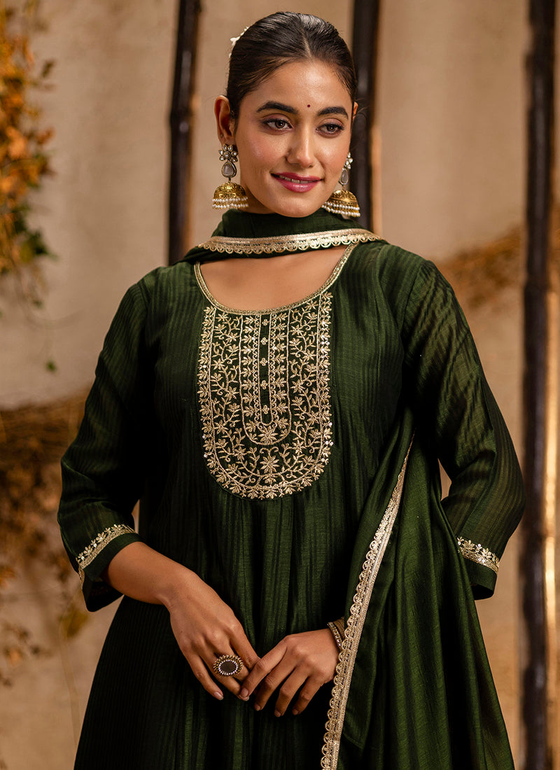 Vellora Silk Blend Mehendi Party Wear Embroidery Work Readymade Salwar Suit