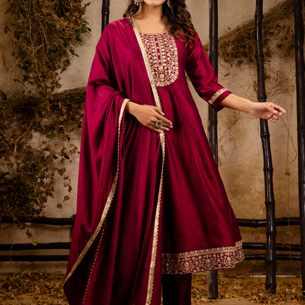 Vellora Silk Blend Maroon Party Wear Embroidery Work Readymade Salwar Suit