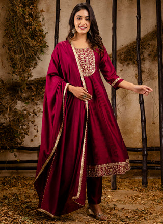 Vellora Silk Blend Maroon Party Wear Embroidery Work Readymade Salwar Suit