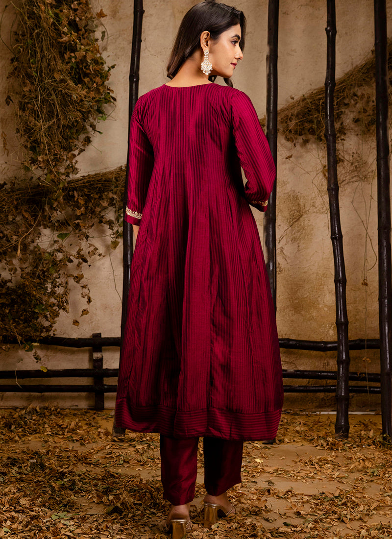 Vellora Silk Blend Maroon Party Wear Embroidery Work Readymade Salwar Suit