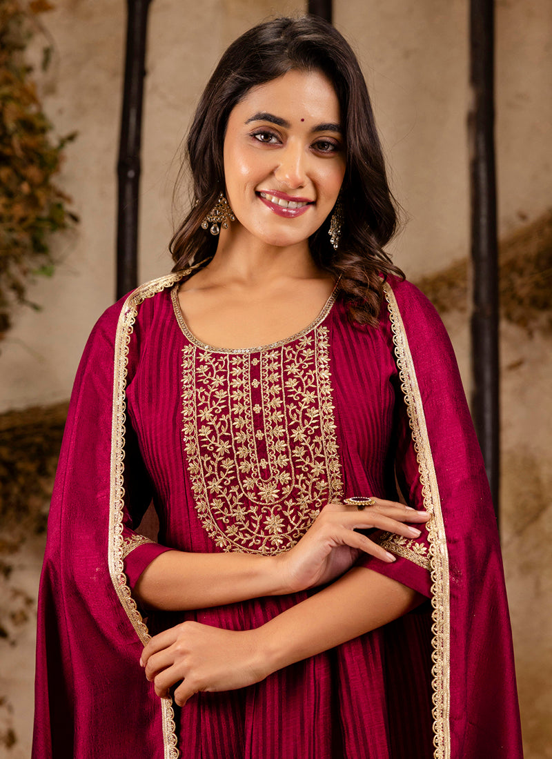 Vellora Silk Blend Maroon Party Wear Embroidery Work Readymade Salwar Suit